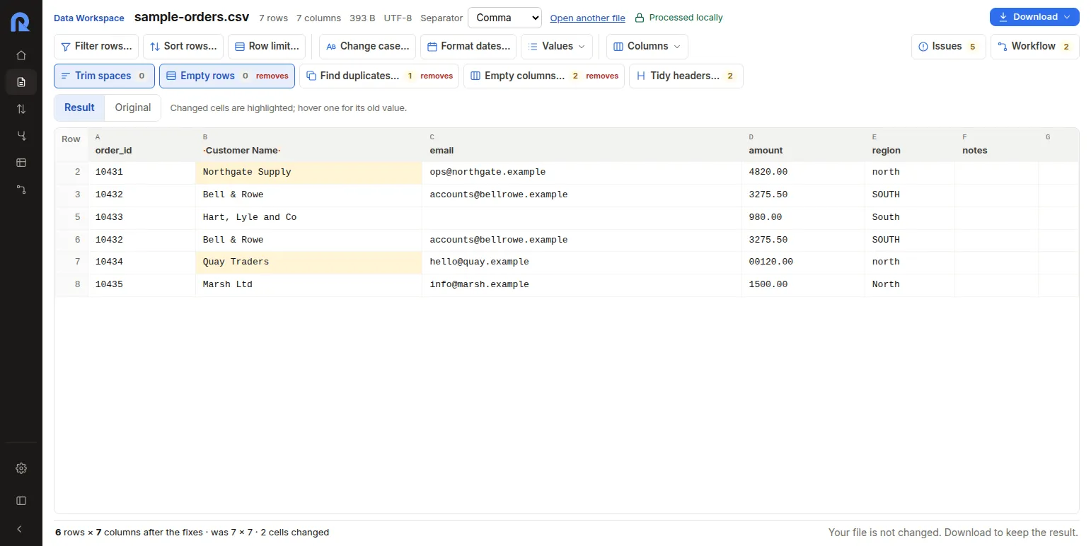 Rote Workspace in a browser with a sample order file open in the Data Workspace: a toolbar of cleaning operations above the grid, changed cells highlighted.